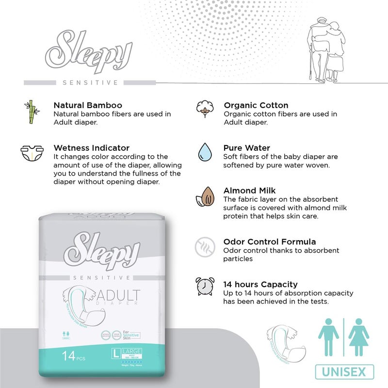 Sleepy Hypoallergenic 14 Adult Diapers | Size - Large | Unisex Diapers for Sensitive Skin | Odour Control Diapers | Wetness Indicator Comfortable & Adjustable | 100-150cm - Image 4